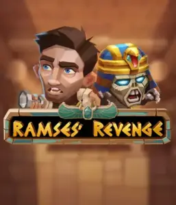 Uncover the mysterious world of the Ramses' Revenge game by Relax Gaming, showcasing a surprised explorer and a menacing mummy against an Egyptian tomb backdrop. This image depicts the drama of Egyptian archaeology, great for adventure seekers, providing a thrilling gaming experience. 